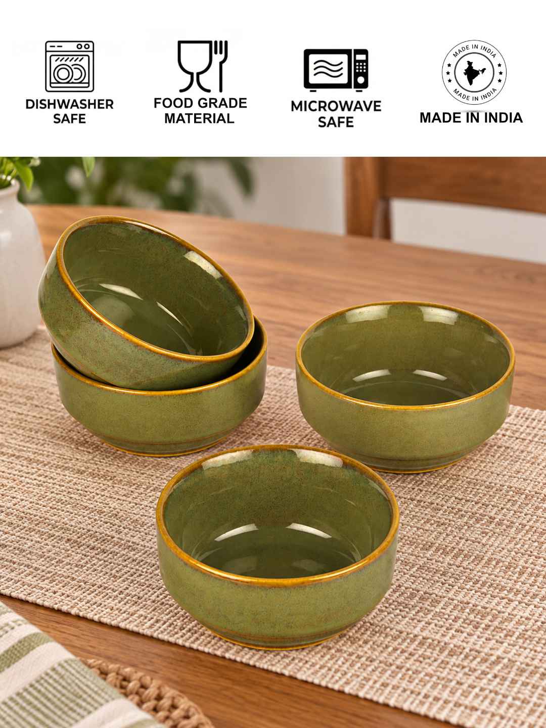 Ceramic Bowls - Olive Green with Amber Rim - Set of 4 - 4 inches - 250 ml each - 210 gm each