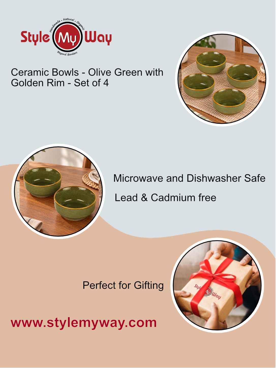 Ceramic Bowls - Olive Green with Amber Rim - Set of 4 - 4 inches - 250 ml each - 210 gm each