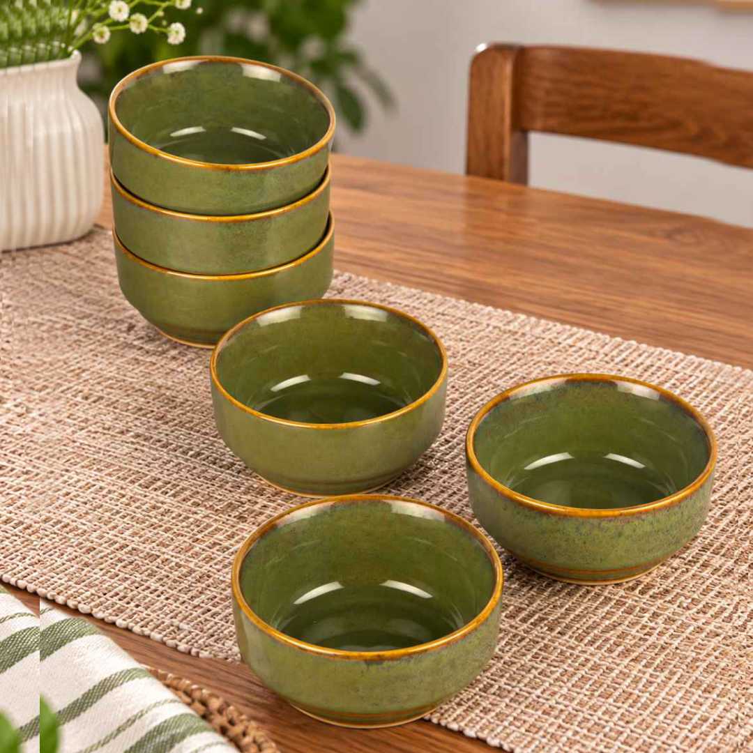 Ceramic Bowls - Olive Green with Amber Rim - Set of 6 - 4 inches - 250 ml each - 210 gm each