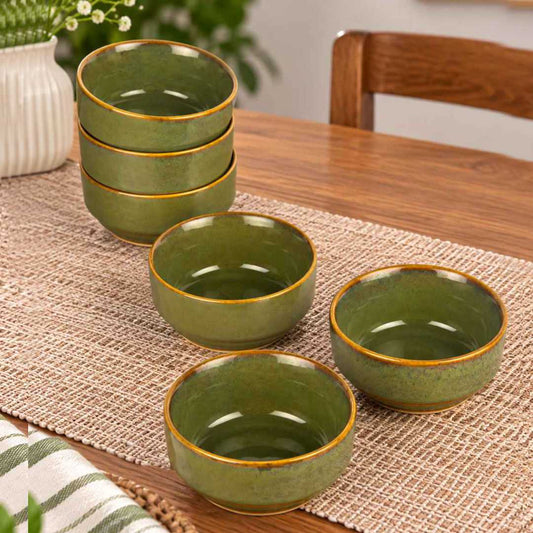 Ceramic Bowls - Olive Green with Amber Rim - Set of 6 - 4 inches - 250 ml each - 210 gm each