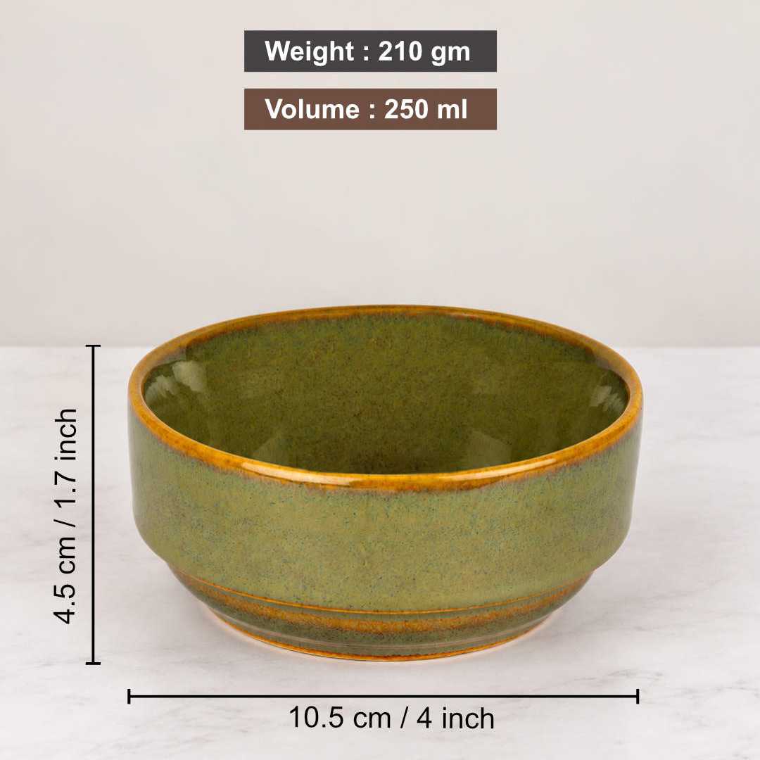 Ceramic Bowls - Olive Green with Amber Rim - Set of 6 - 4 inches - 250 ml each - 210 gm each