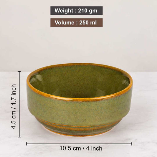 Ceramic Bowls - Olive Green with Amber Rim - Set of 6 - 4 inches - 250 ml each - 210 gm each