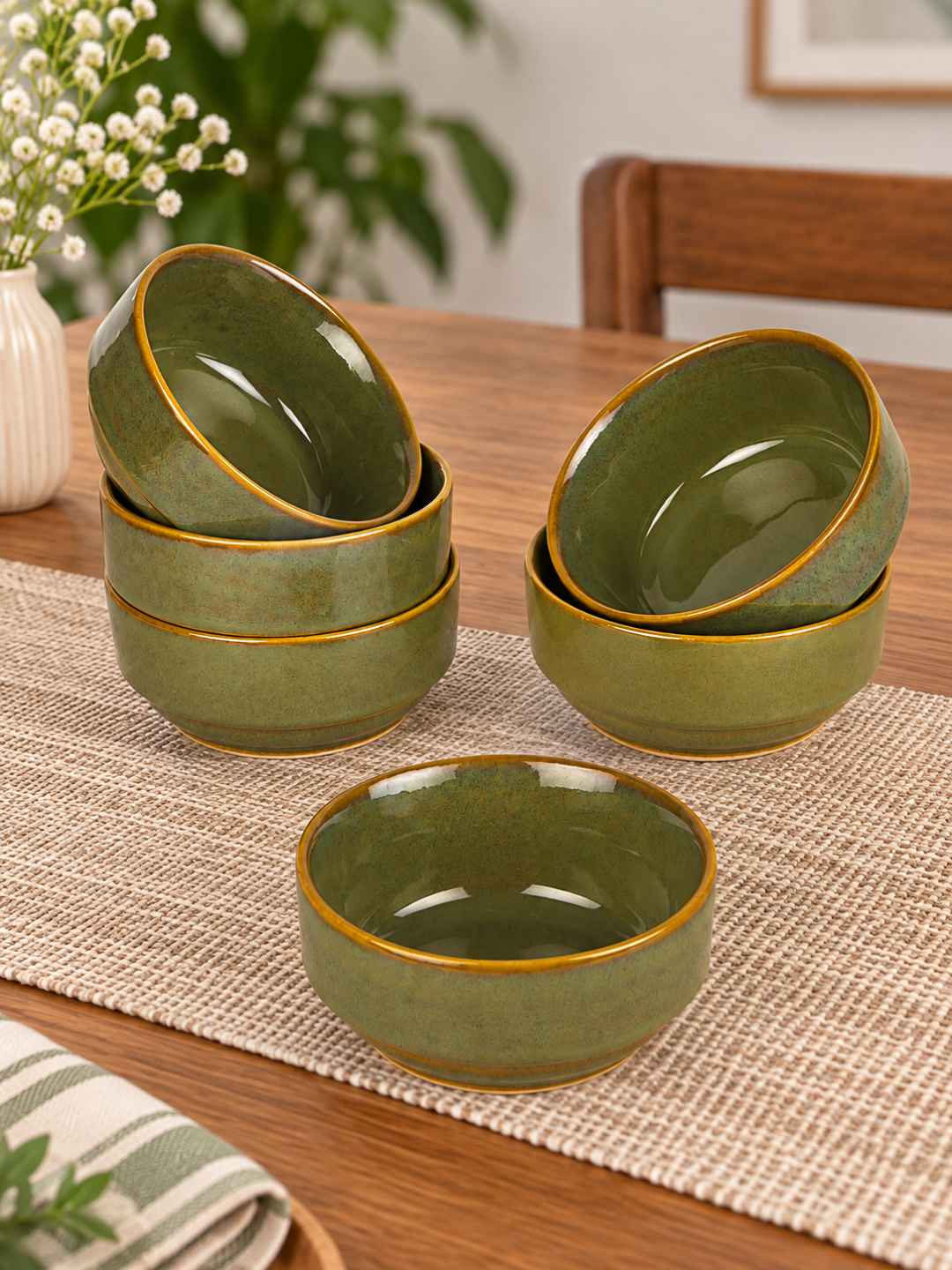 Ceramic Bowls - Olive Green with Amber Rim - Set of 6 - 4 inches - 250 ml each - 210 gm each