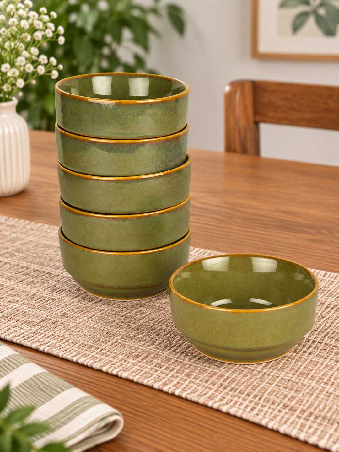 Ceramic Bowls - Olive Green with Amber Rim - Set of 6 - 4 inches - 250 ml each - 210 gm each