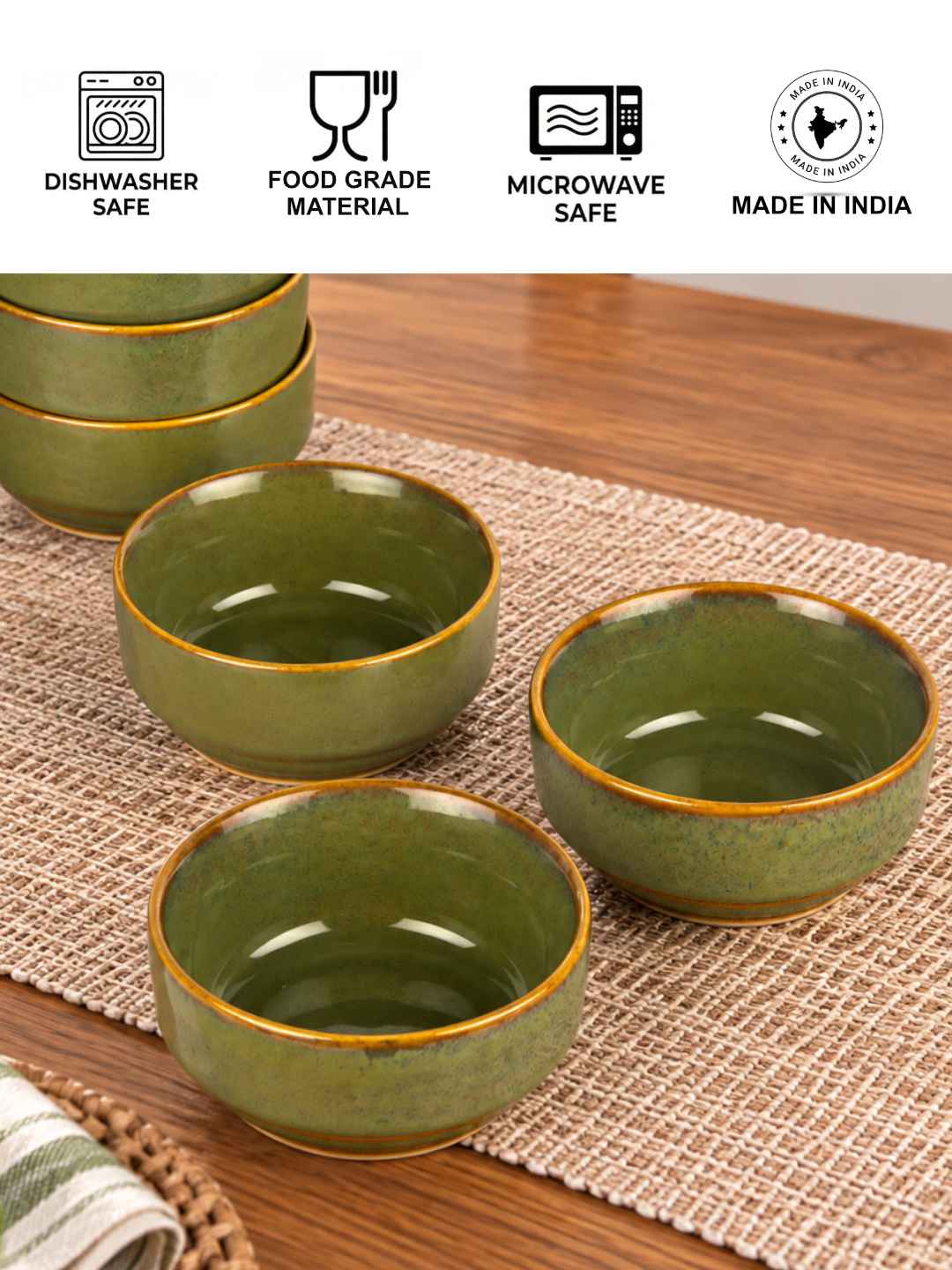 Ceramic Bowls - Olive Green with Amber Rim - Set of 6 - 4 inches - 250 ml each - 210 gm each