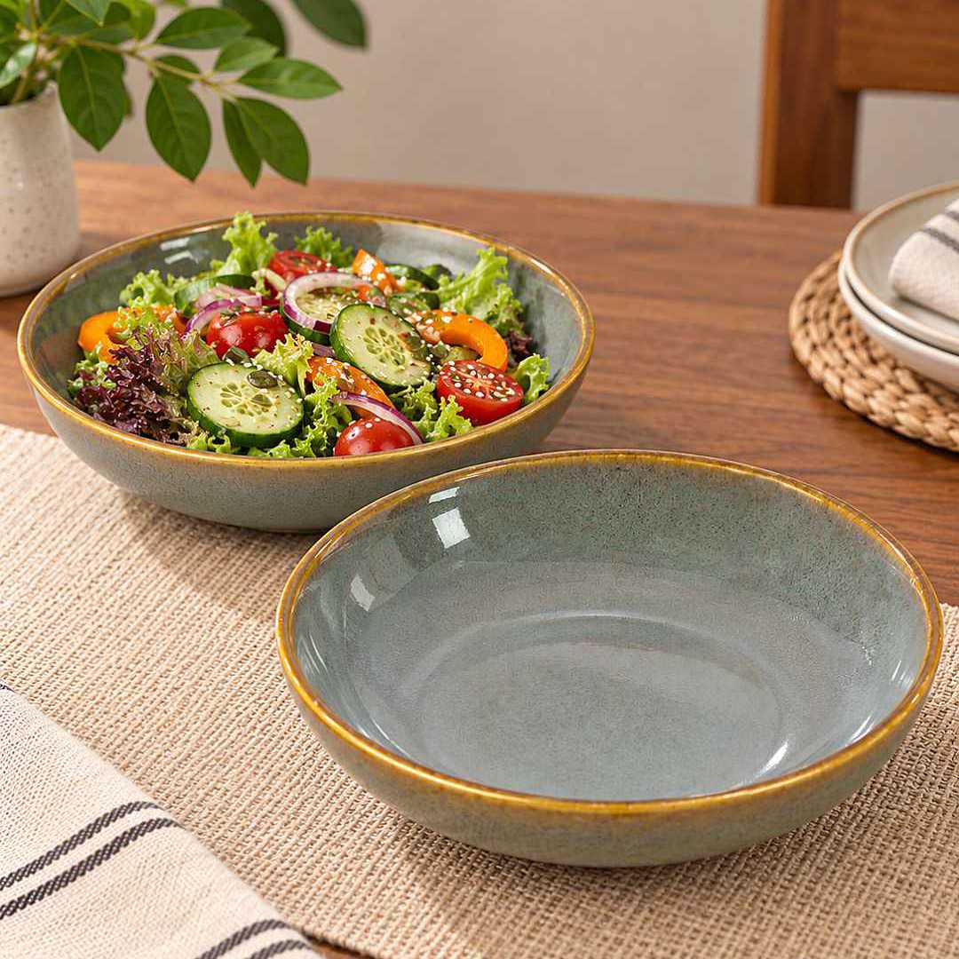 Ceramic Shallow Serving Bowl - Reactive Olive Green - 650 ml - 20 cm - Set of 2