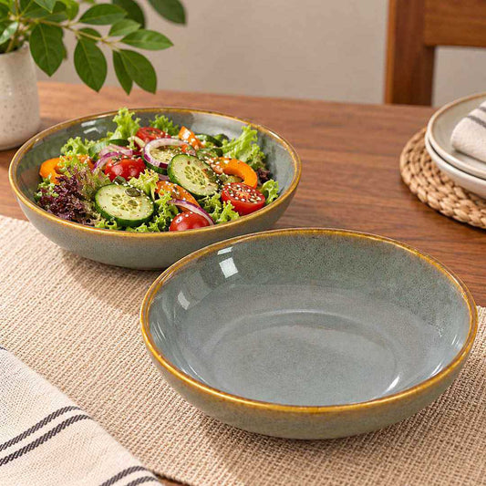 Ceramic Shallow Serving Bowl - Reactive Olive Green - 650 ml - 20 cm - Set of 2