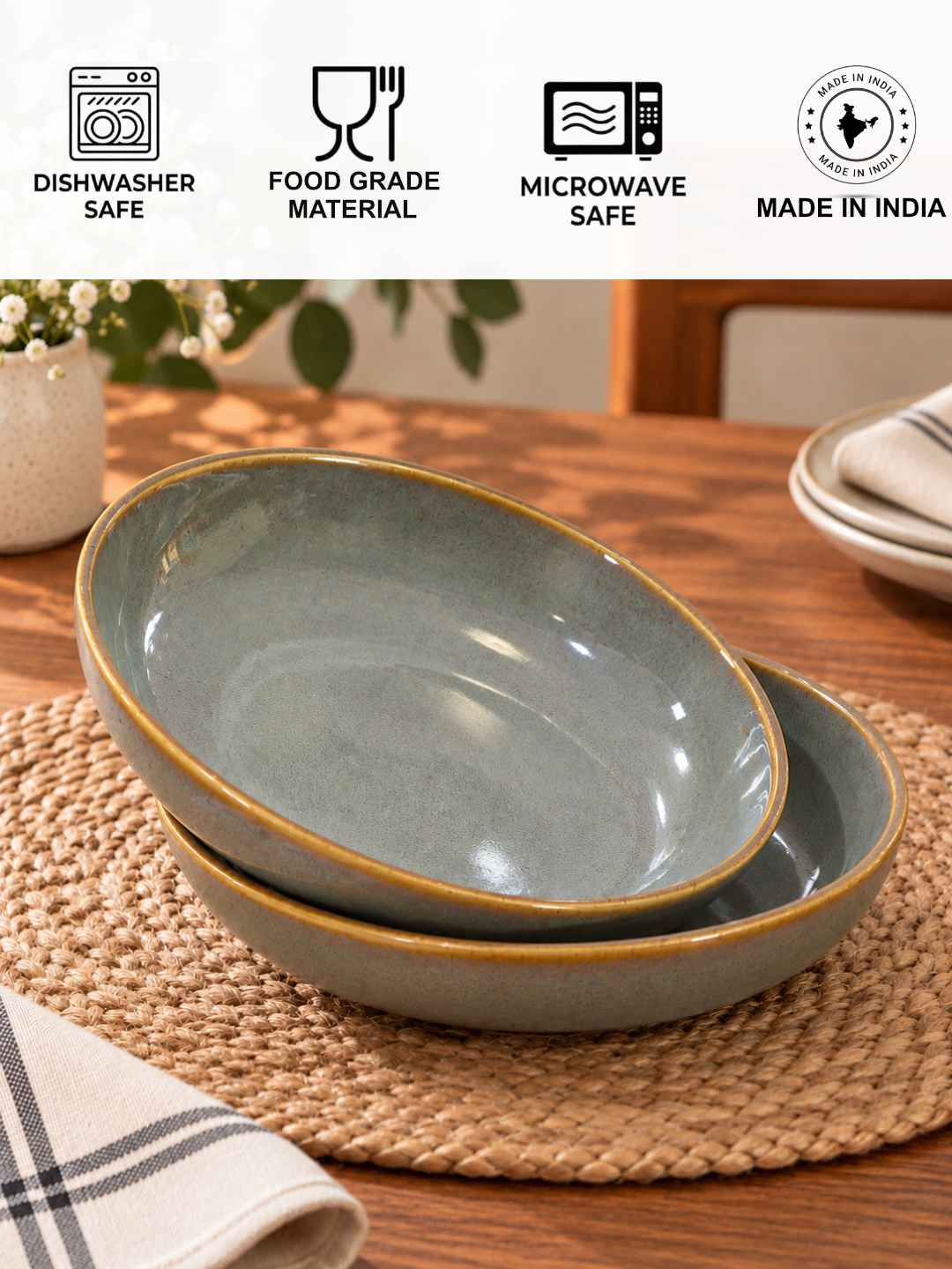 Ceramic Shallow Serving Bowl - Reactive Olive Green - 650 ml - 20 cm - Set of 2