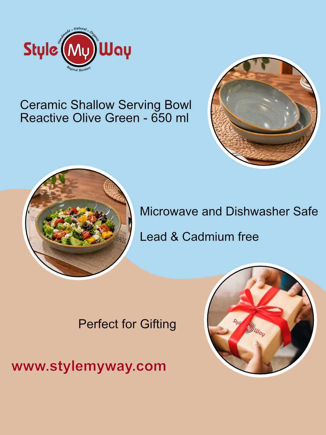 Ceramic Shallow Serving Bowl - Reactive Olive Green - 650 ml - 20 cm - Set of 2