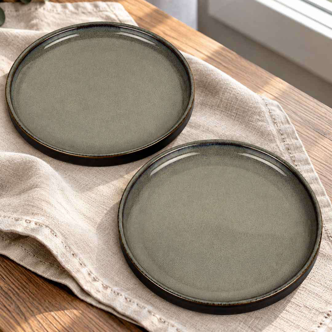 Ceramic Dinner Plates with Raised Rim - Set of 2 - Charcoal Grey - 26 cm - 1040 gm each