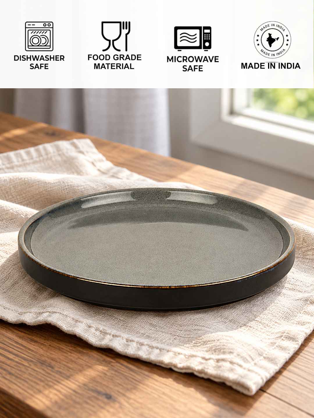 Ceramic Dinner Plates with Raised Rim - Set of 2 - Charcoal Grey - 26 cm - 1040 gm each