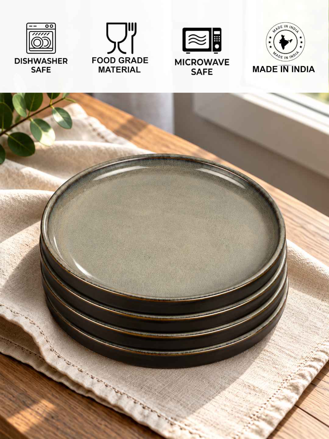 Ceramic Dinner Plates with Raised Rim - Set of 4 - Charcoal Grey - 26 cm - 1040 gm each