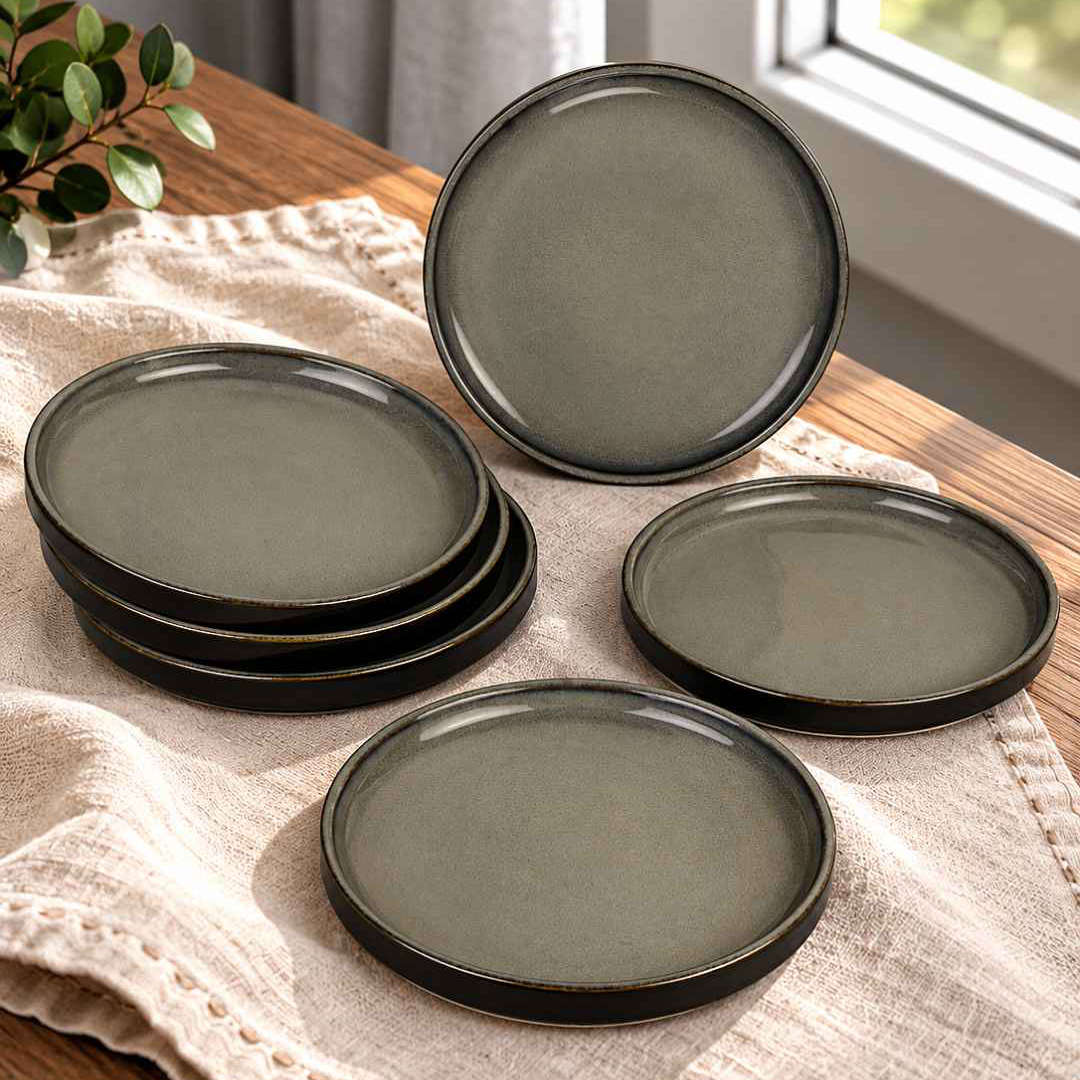 Ceramic Dinner Plates with Raised Rim - Set of 6 - Charcoal Grey - 26 cm - 1040 gm each