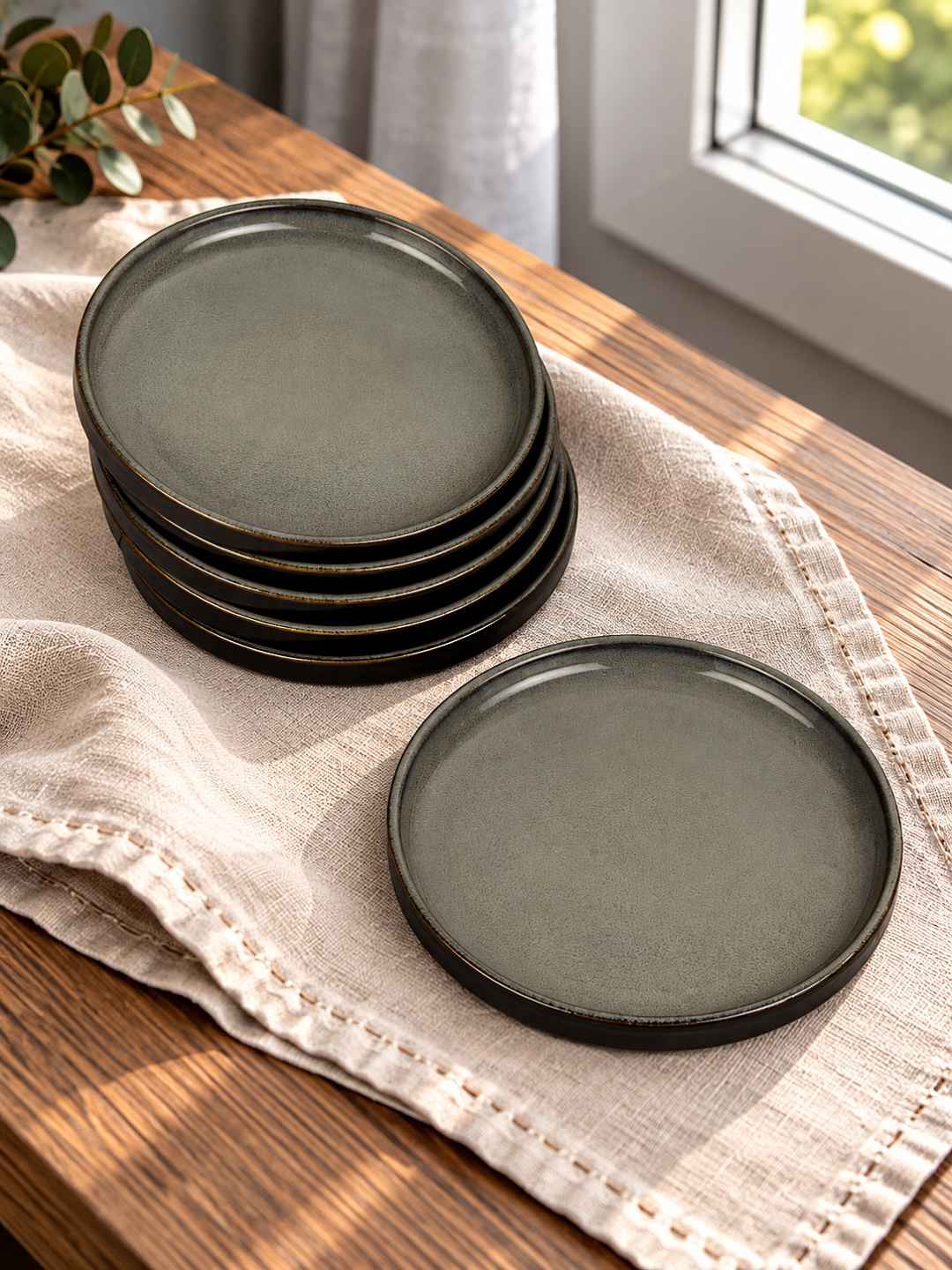 Ceramic Dinner Plates with Raised Rim - Set of 6 - Charcoal Grey - 26 cm - 1040 gm each