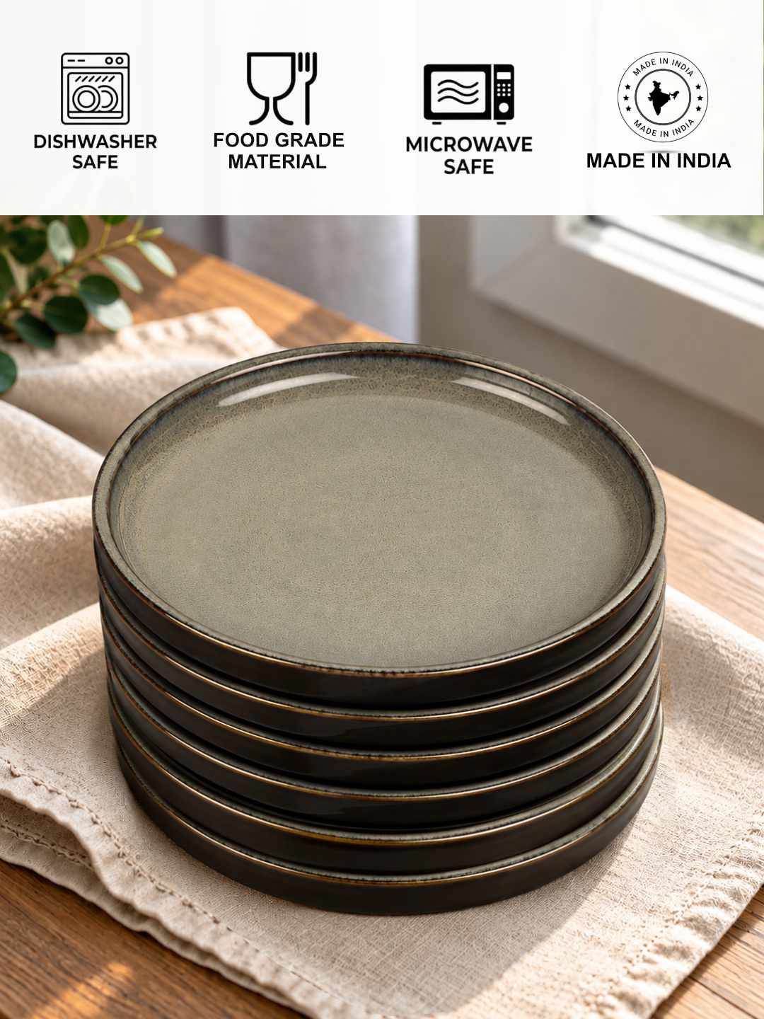 Ceramic Dinner Plates with Raised Rim - Set of 6 - Charcoal Grey - 26 cm - 1040 gm each