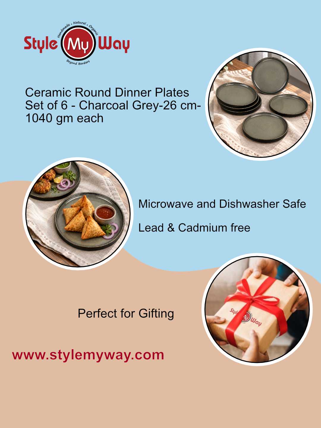 Ceramic Dinner Plates with Raised Rim - Set of 6 - Charcoal Grey - 26 cm - 1040 gm each