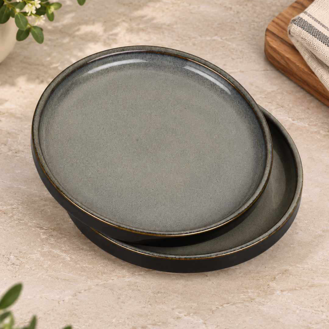 Ceramic Quarter Plates with Raised Rim - Set of 2 - Charcoal Grey - 19 cm - 1040 gm each