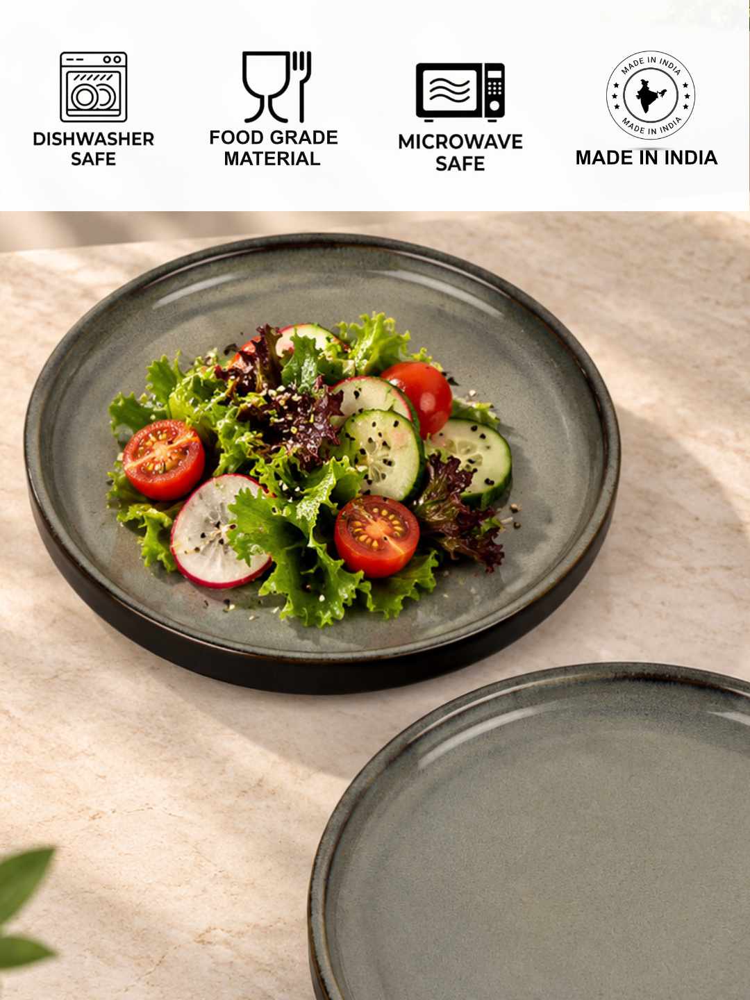 Ceramic Quarter Plates with Raised Rim - Set of 2 - Charcoal Grey - 19 cm - 1040 gm each