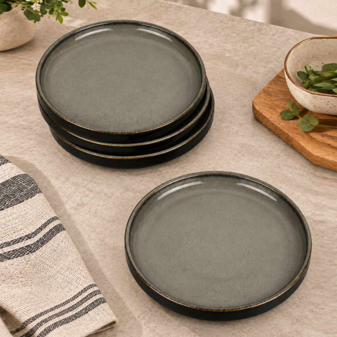 Ceramic Quarter Plates with Raised Rim - Set of 4 - Charcoal Grey - 19 cm - 1040 gm each