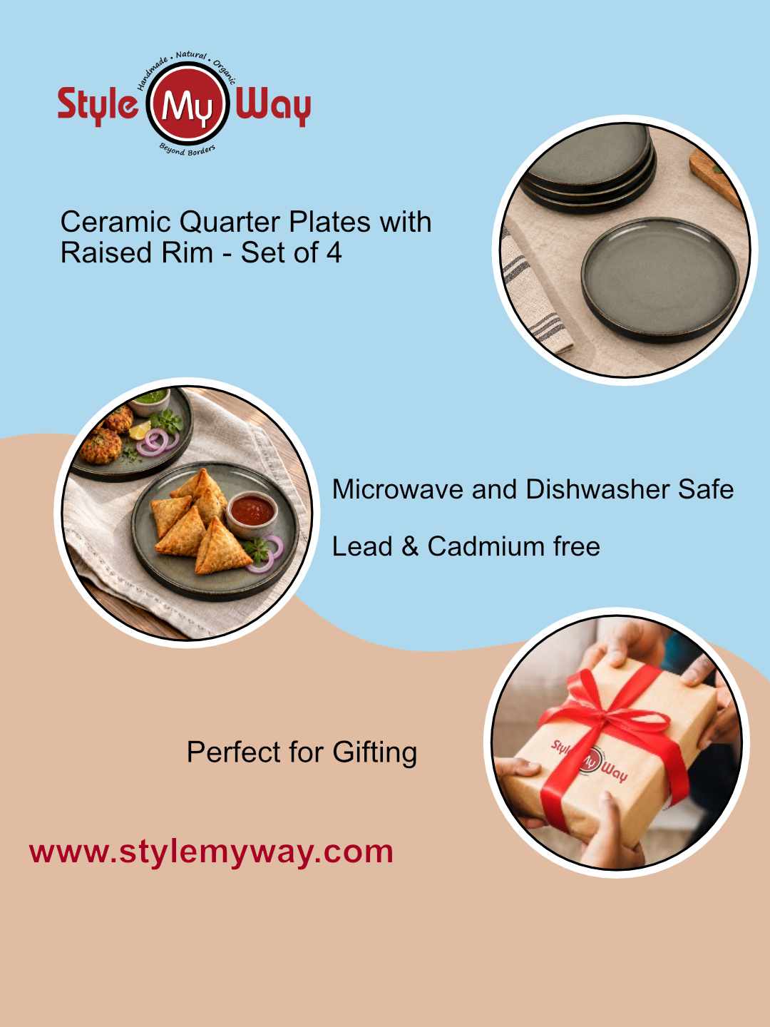 Ceramic Quarter Plates with Raised Rim - Set of 4 - Charcoal Grey - 19 cm - 1040 gm each