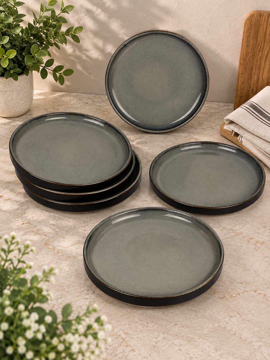 Ceramic Quarter Plates with Raised Rim - Set of 6 - Charcoal Grey - 19 cm - 1040 gm each
