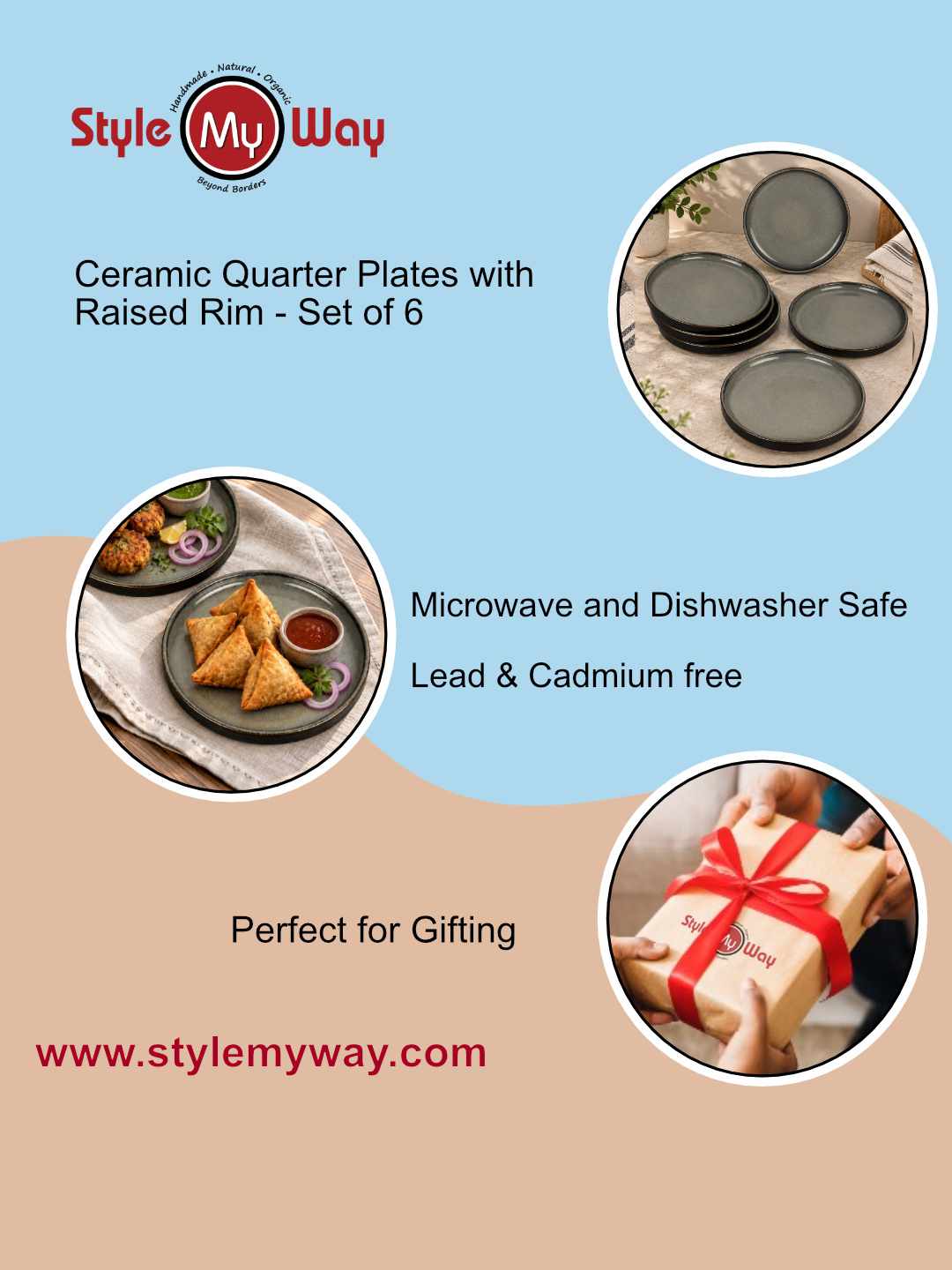 Ceramic Quarter Plates with Raised Rim - Set of 6 - Charcoal Grey - 19 cm - 1040 gm each