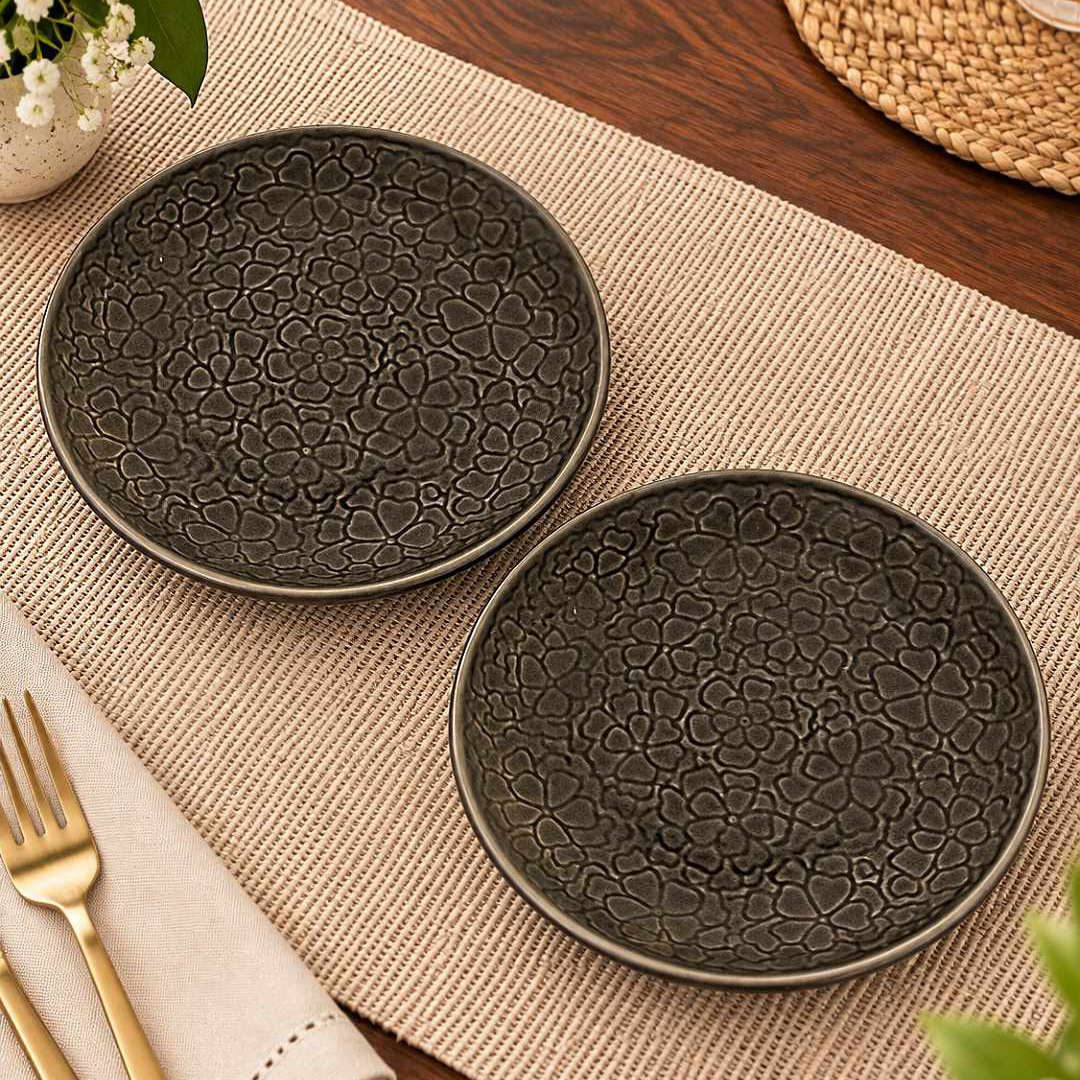 Ceramic Embossed Quarter Plates – 18 cm – Charcoal Grey – Set of 2 - 360 gm each