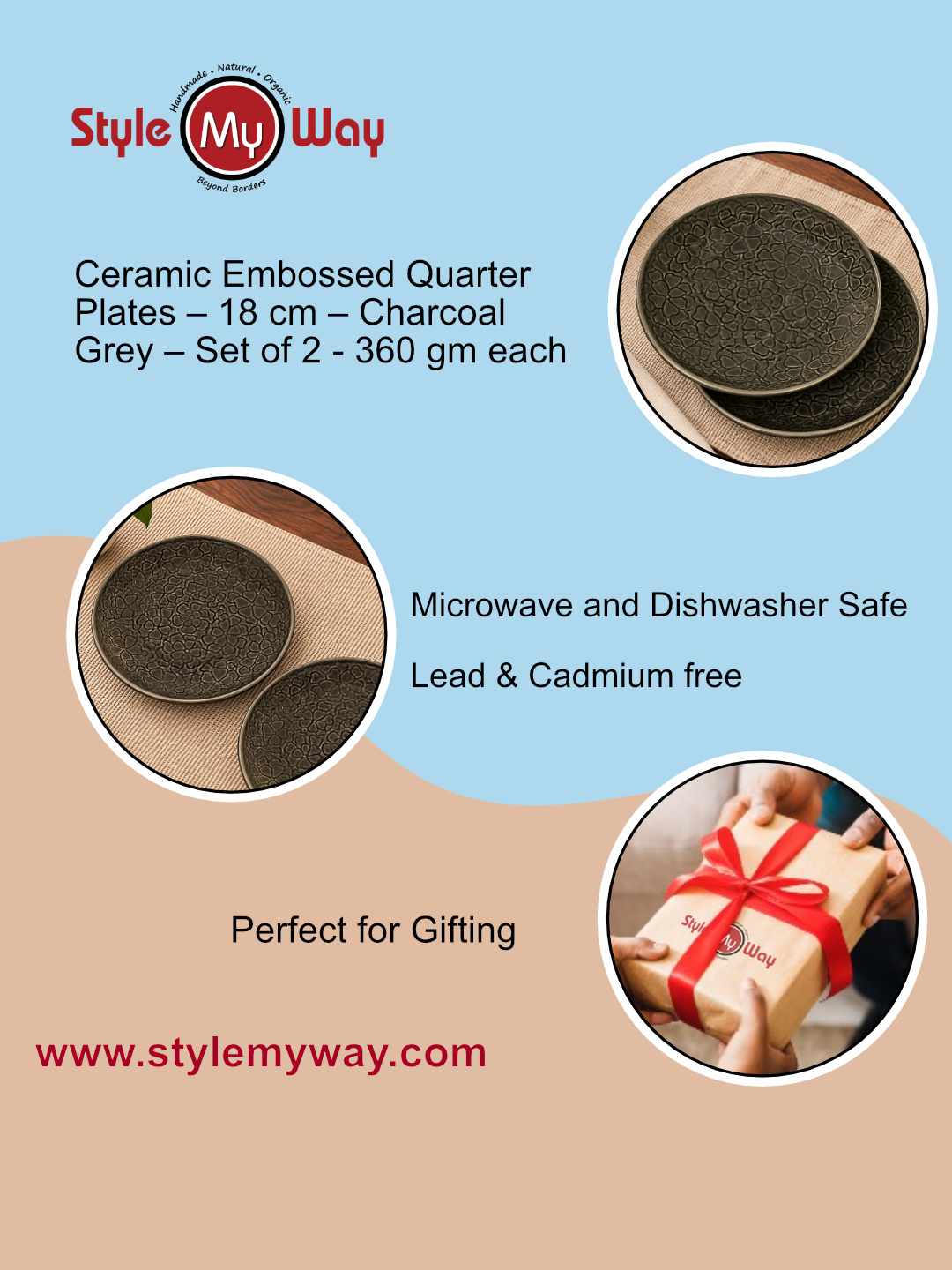 Ceramic Embossed Quarter Plates – 18 cm – Charcoal Grey – Set of 2 - 360 gm each