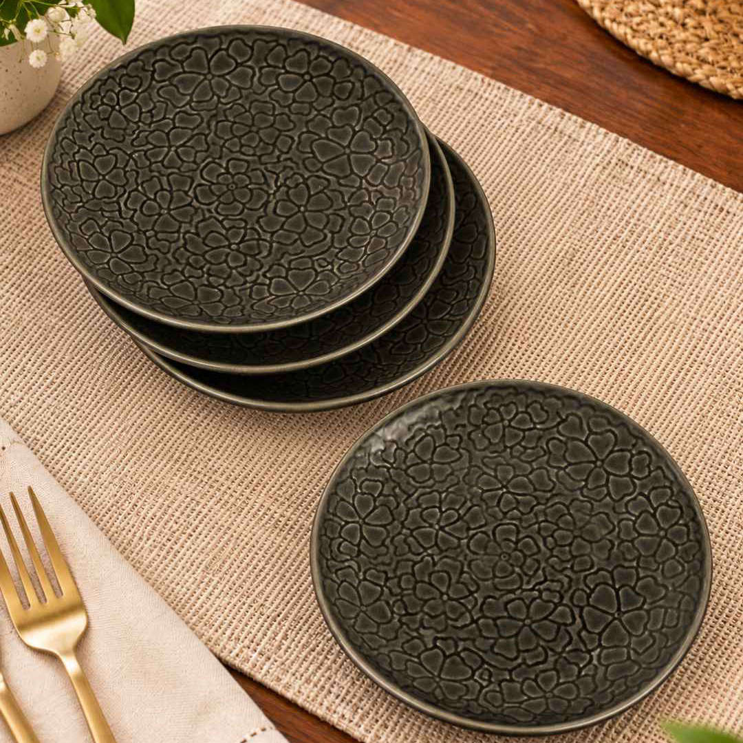 Ceramic Embossed Quarter Plates – 18 cm – Charcoal Grey – Set of 4 - 360 gm each