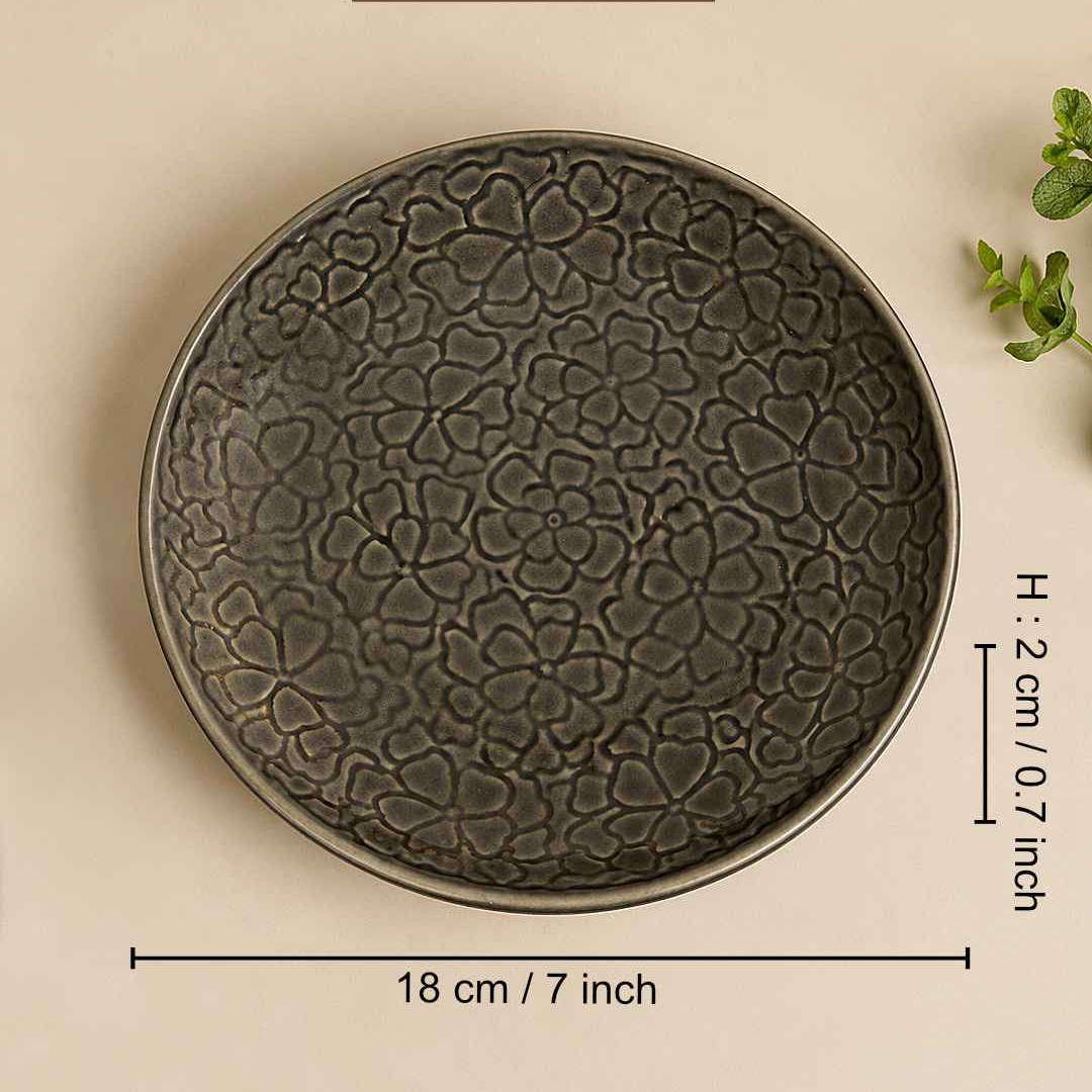 Ceramic Embossed Quarter Plates – 18 cm – Charcoal Grey – Set of 4 - 360 gm each
