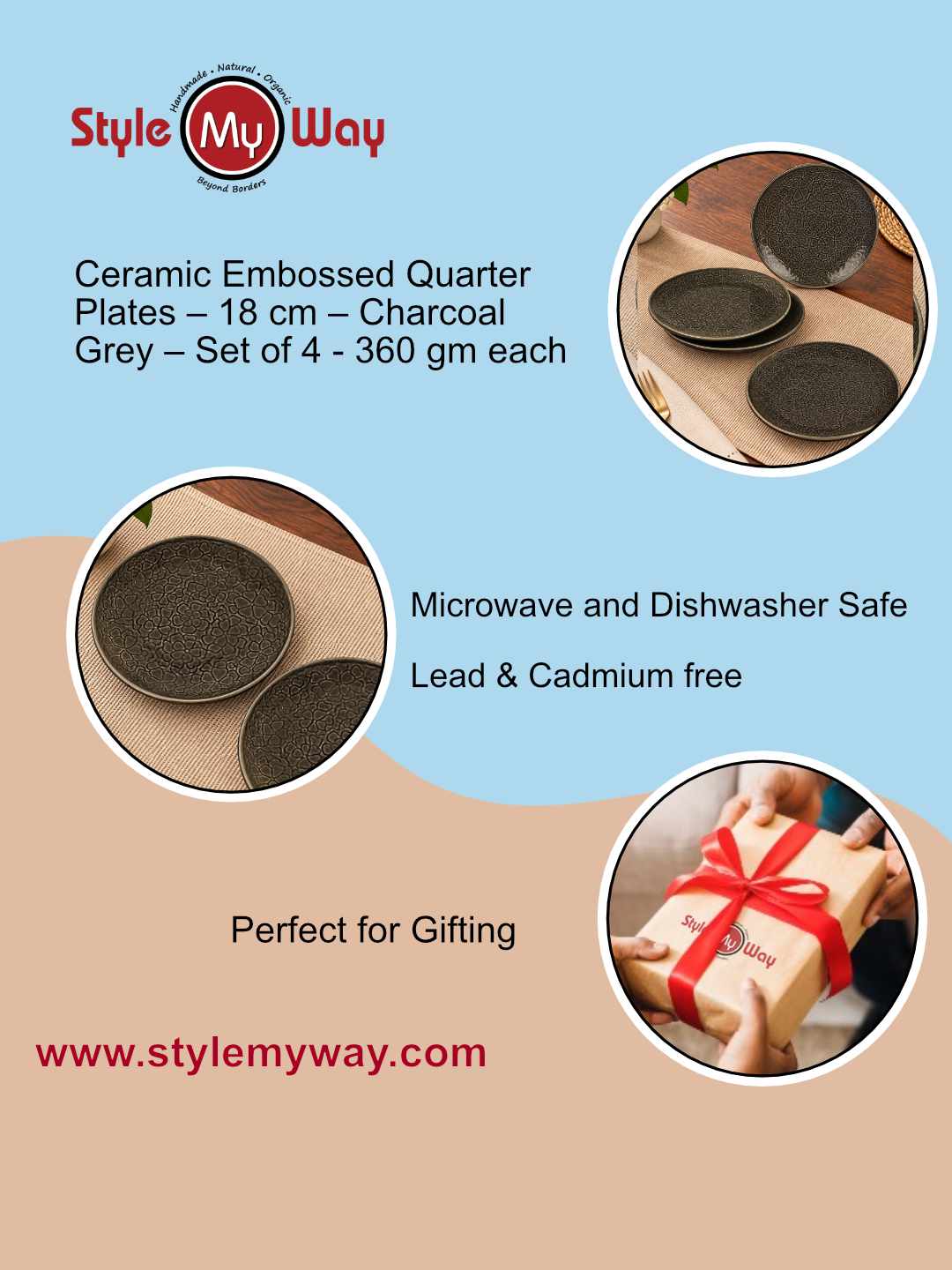 Ceramic Embossed Quarter Plates – 18 cm – Charcoal Grey – Set of 4 - 360 gm each