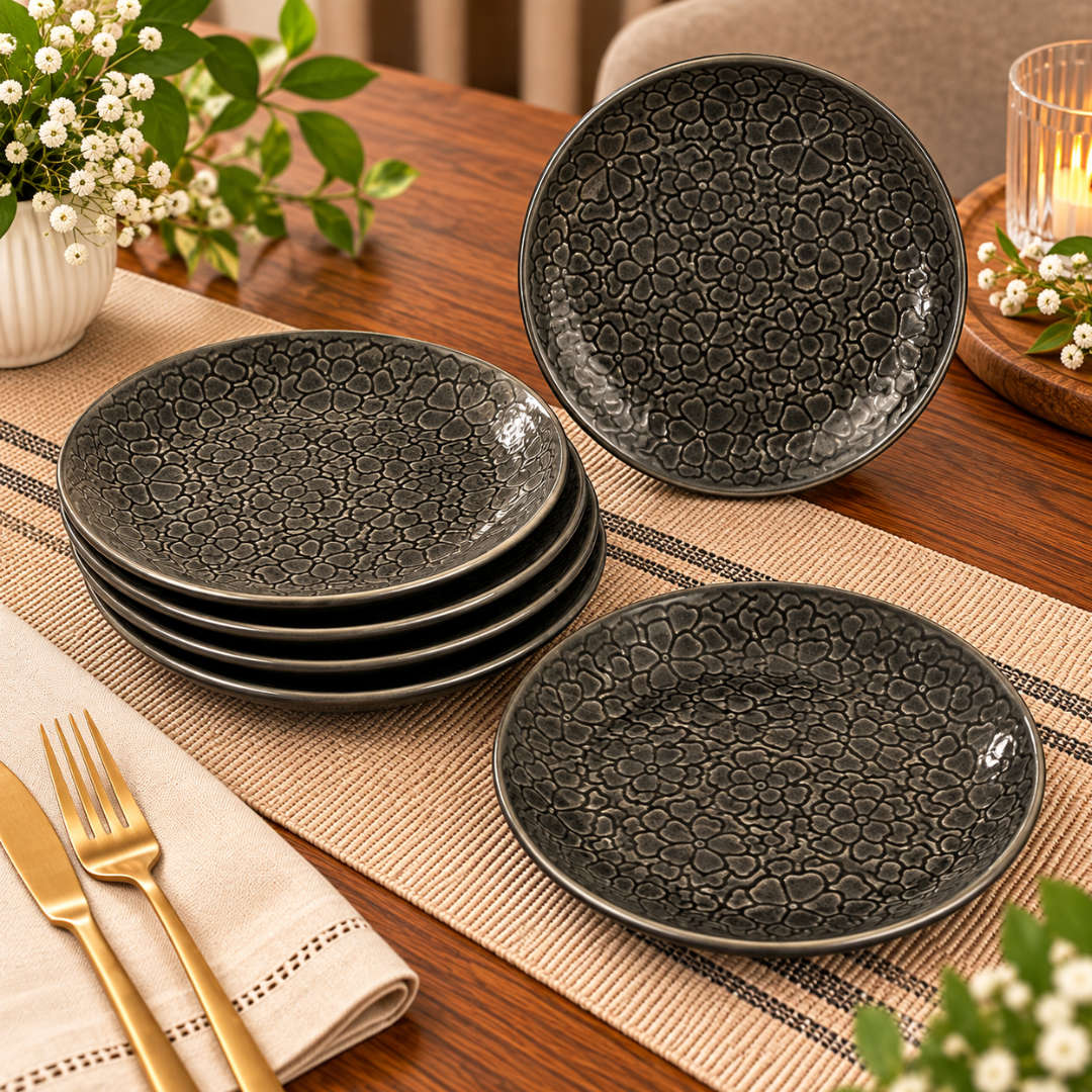 Ceramic Embossed Quarter Plates – 18 cm – Charcoal Grey – Set of 6 - 360 gm each