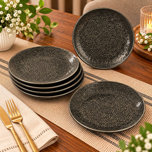 Ceramic Embossed Quarter Plates – 18 cm – Charcoal Grey – Set of 6 - 360 gm each
