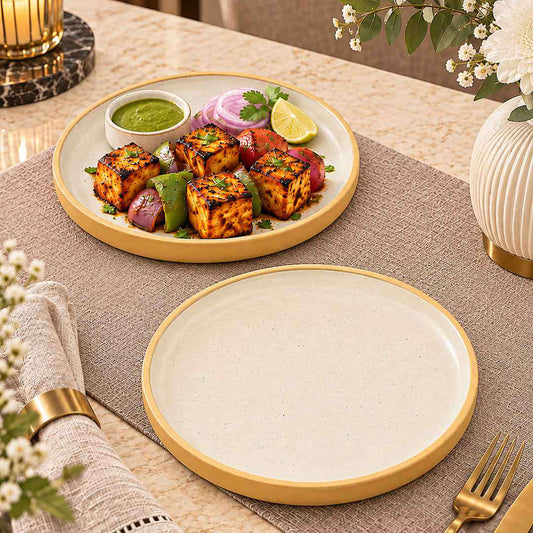 Ceramic Quarter Plates with Raised Rim - Set of 2 - Natural Beige - 19 cm