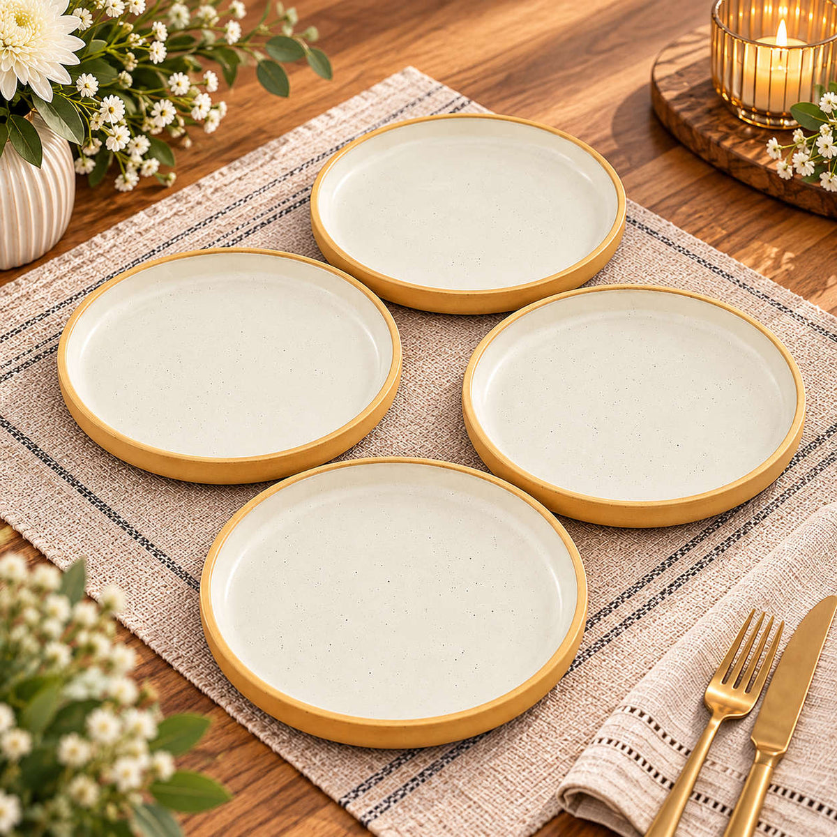 Ceramic Quarter Plates with Raised Rim - Set of 4 - Natural Beige - 19 cm