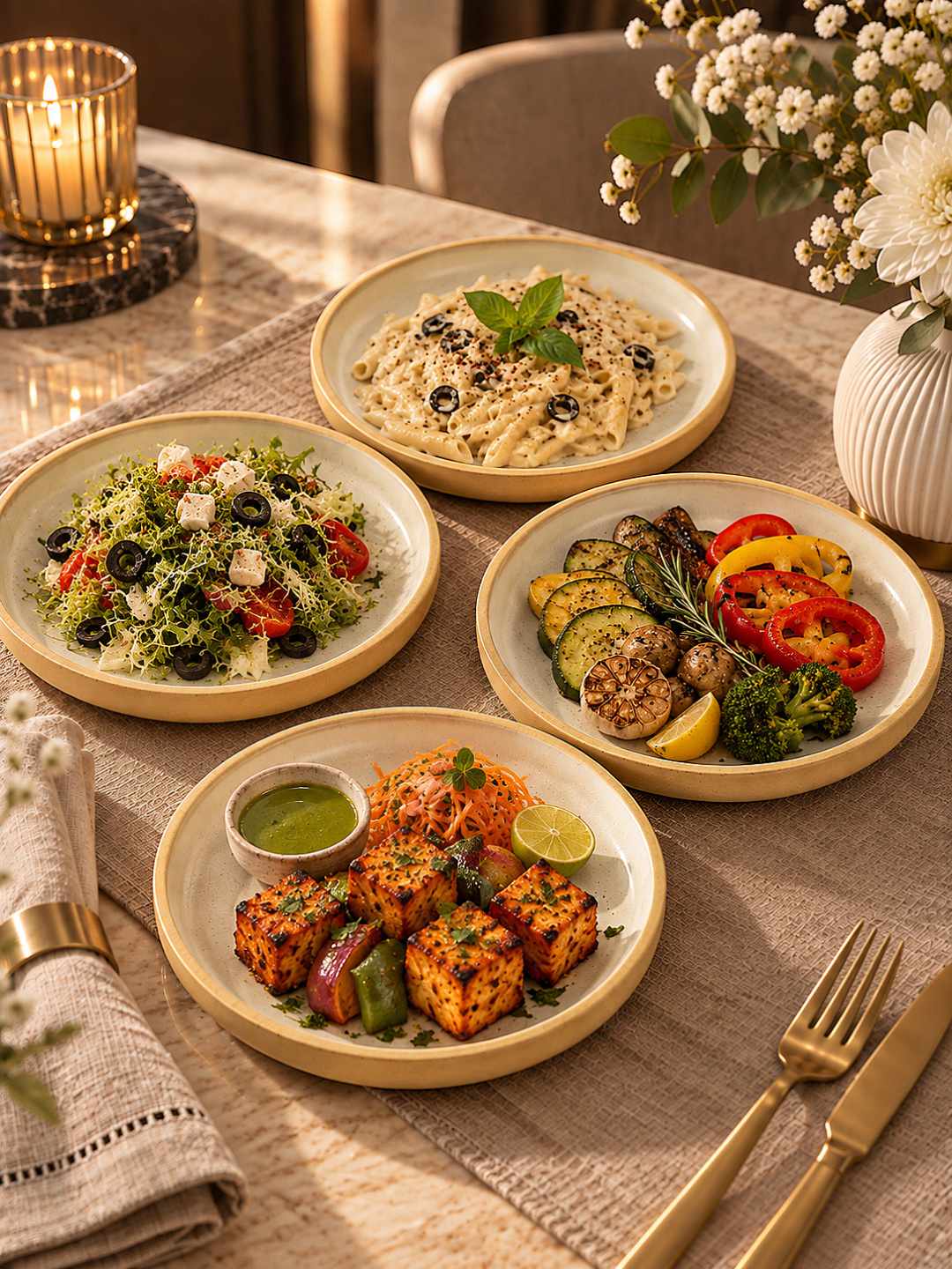 Ceramic Quarter Plates with Raised Rim - Set of 4 - Natural Beige - 19 cm