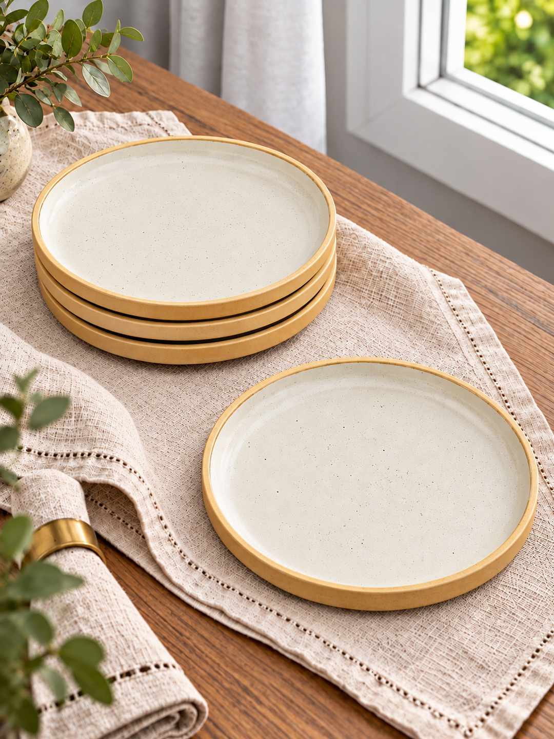 Ceramic Quarter Plates with Raised Rim - Set of 4 - Natural Beige - 19 cm