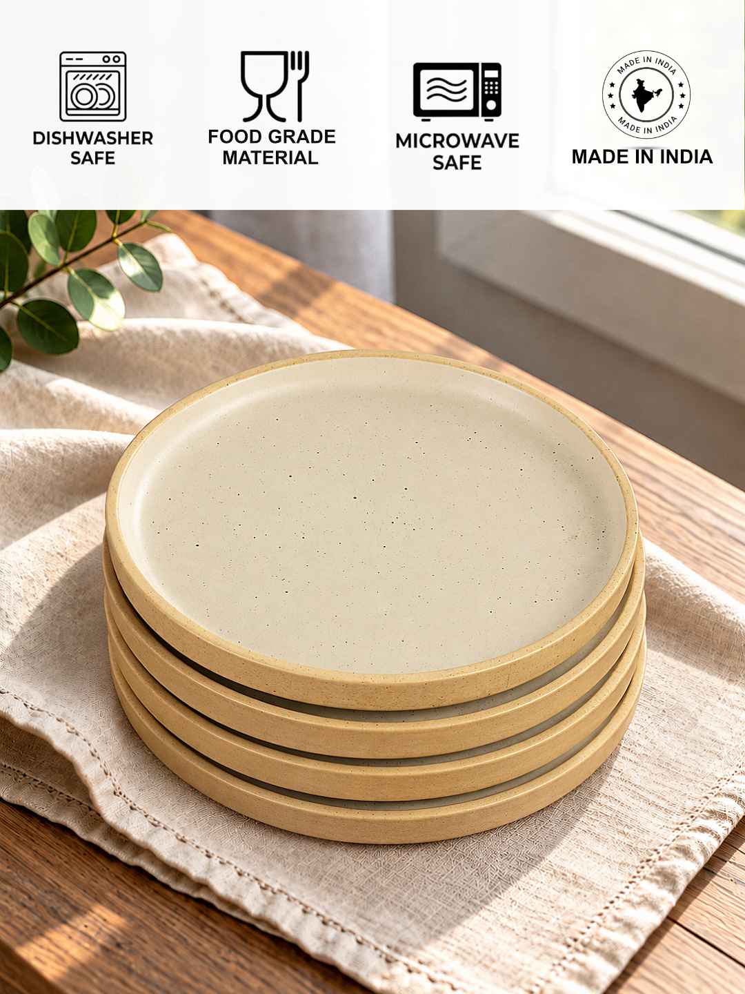 Ceramic Quarter Plates with Raised Rim - Set of 4 - Natural Beige - 19 cm