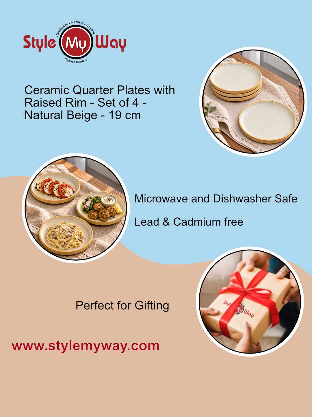 Ceramic Quarter Plates with Raised Rim - Set of 4 - Natural Beige - 19 cm