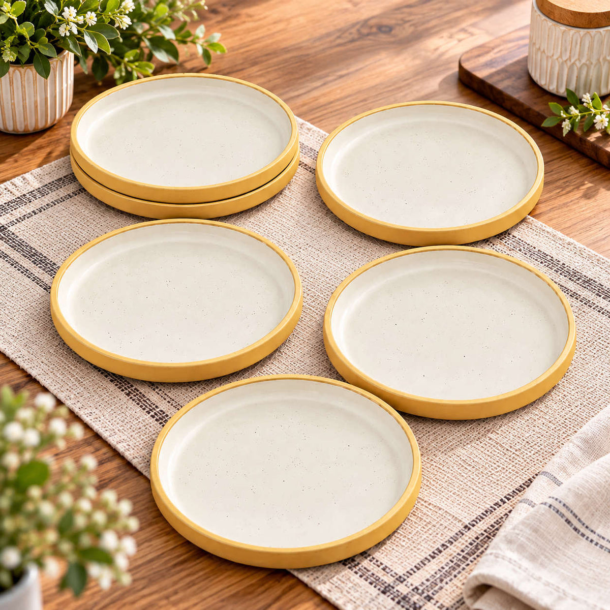 Ceramic Quarter Plates with Raised Rim - Set of 6 - Natural Beige - 19 cm