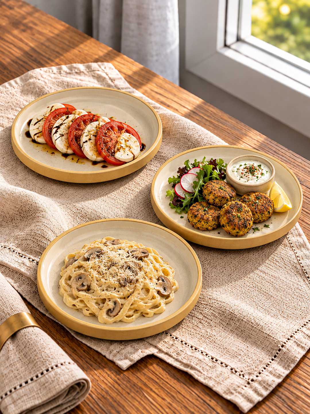 Ceramic Quarter Plates with Raised Rim - Set of 6 - Natural Beige - 19 cm