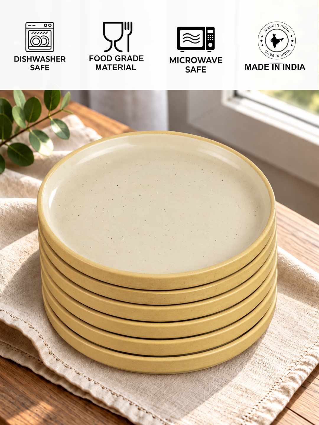Ceramic Quarter Plates with Raised Rim - Set of 6 - Natural Beige - 19 cm