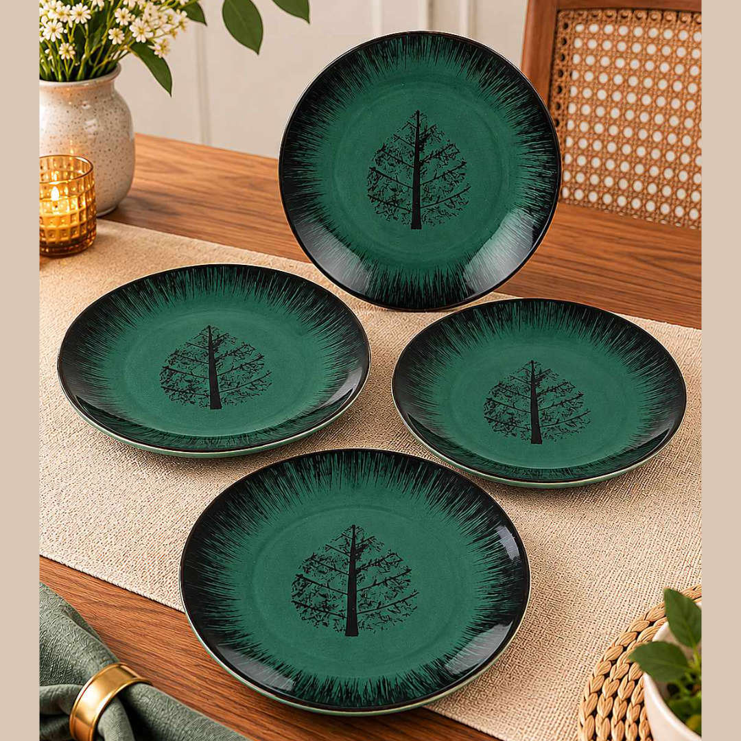 Ceramic Deep Green Tree Motif Quarter Plates – 18 cm – Green Black – Set of 4 - 400 gm each