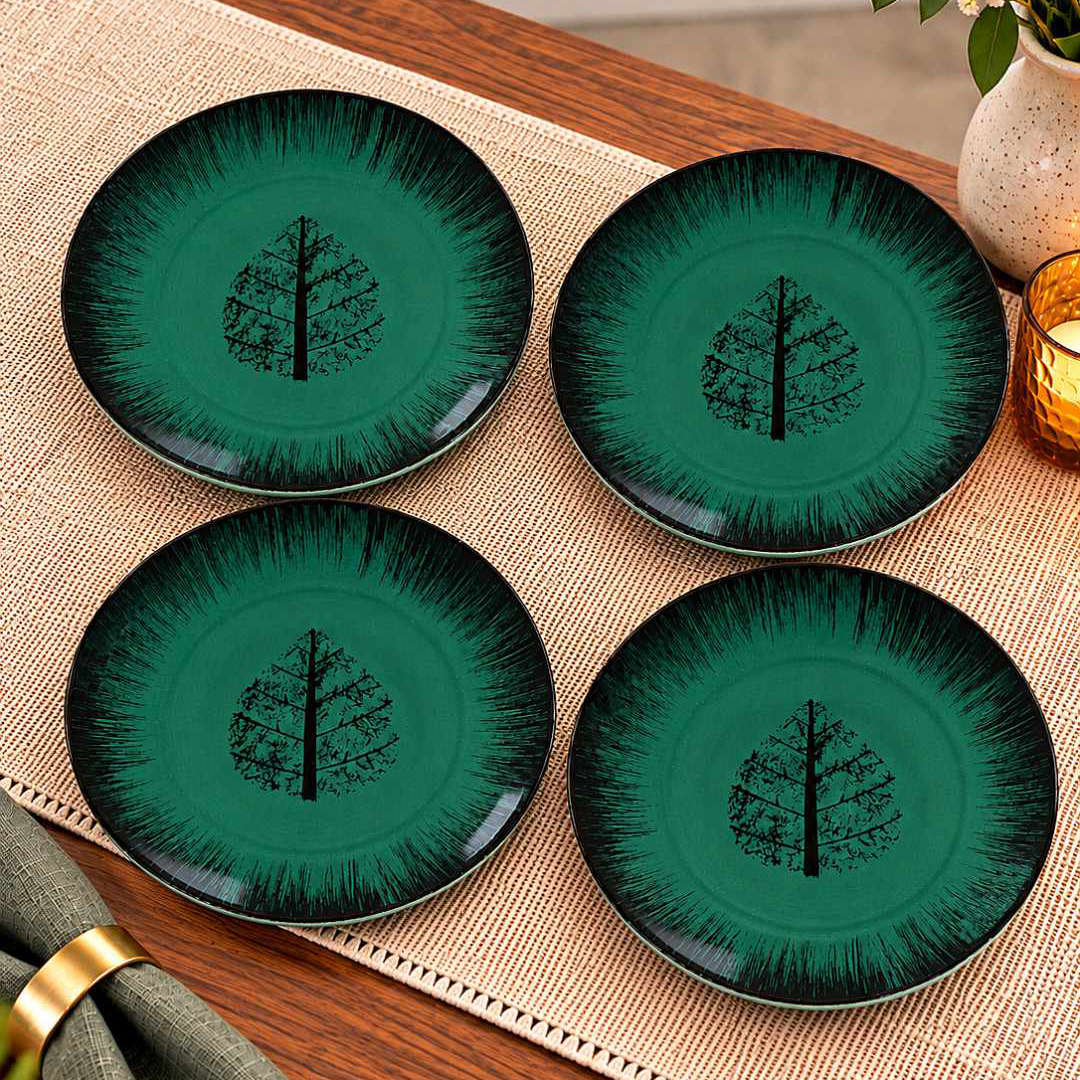 Ceramic Deep Green Tree Motif Quarter Plates – 18 cm – Green Black – Set of 4 - 400 gm each