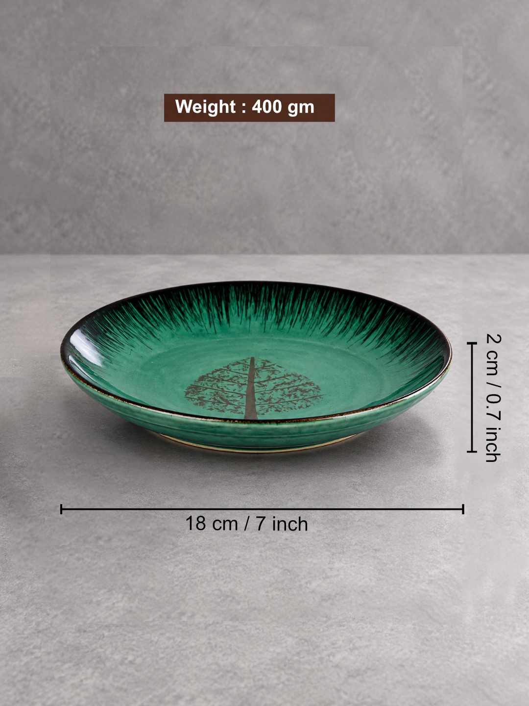 Ceramic Deep Green Tree Motif Quarter Plates – 18 cm – Green Black – Set of 4 - 400 gm each