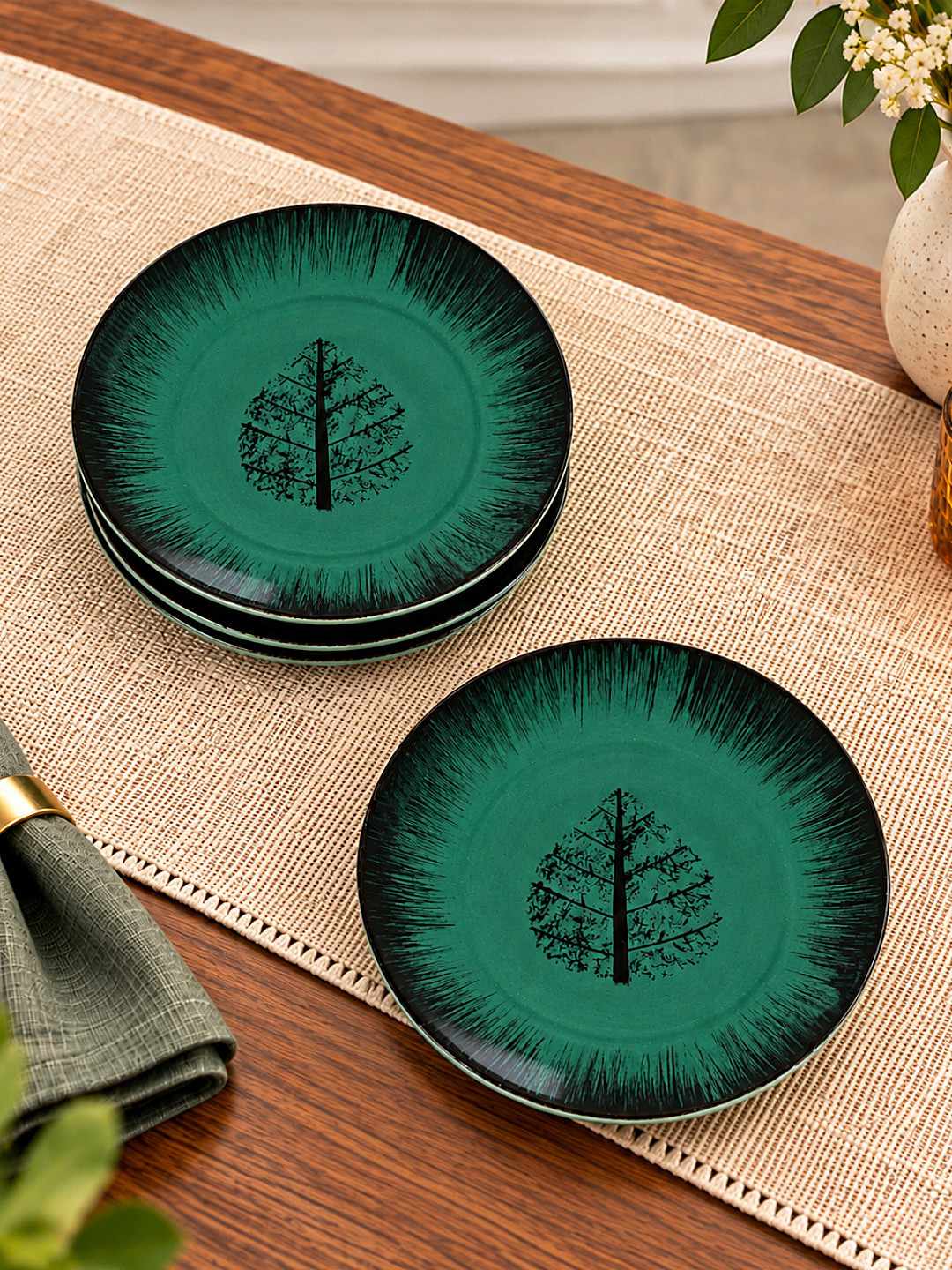Ceramic Deep Green Tree Motif Quarter Plates – 18 cm – Green Black – Set of 4 - 400 gm each