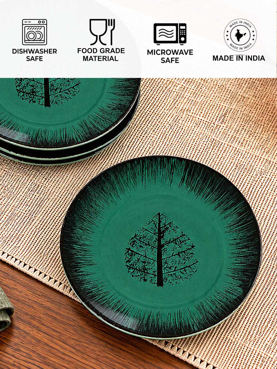 Ceramic Deep Green Tree Motif Quarter Plates – 18 cm – Green Black – Set of 4 - 400 gm each