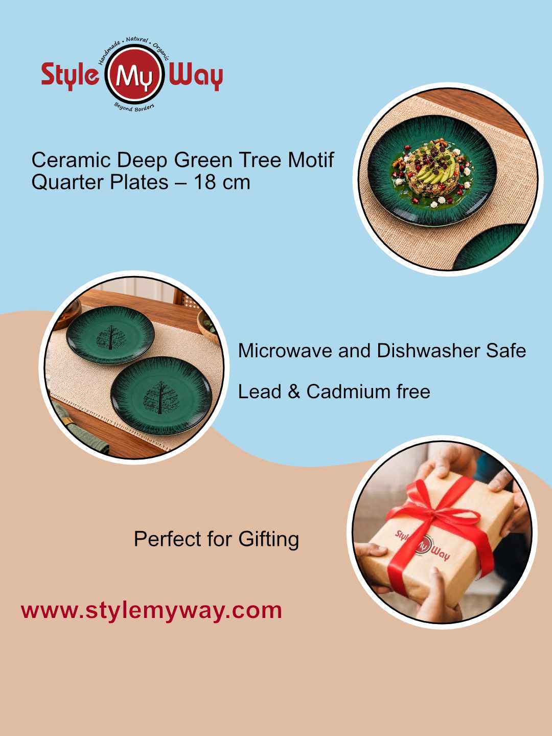 Ceramic Deep Green Tree Motif Quarter Plates – 18 cm – Green Black – Set of 4 - 400 gm each