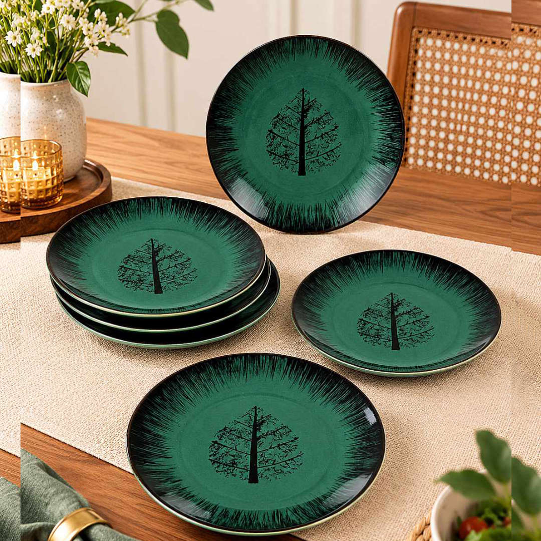 Ceramic Deep Green Tree Motif Quarter Plates – 18 cm – Green Black – Set of 6 - 400 gm each