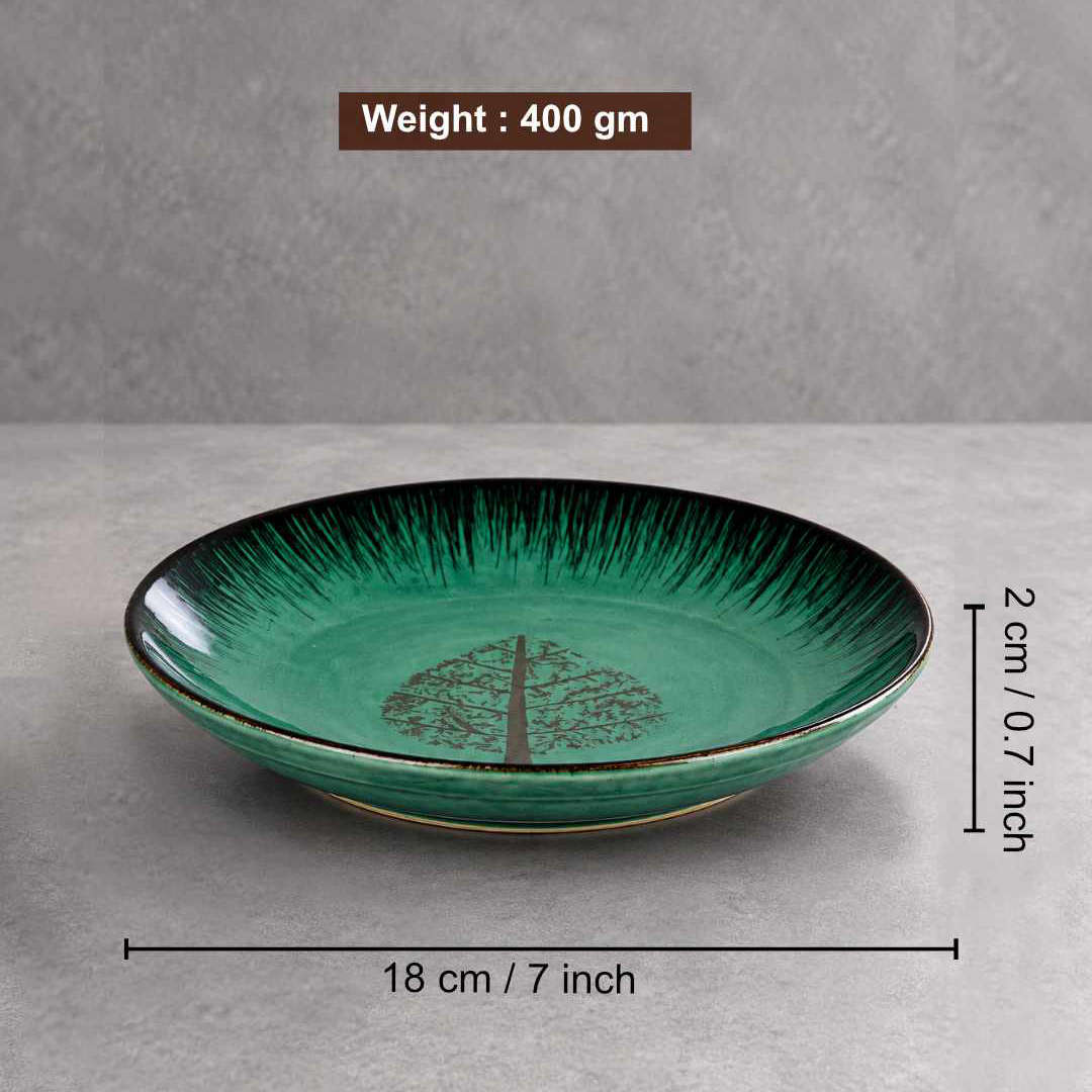 Ceramic Deep Green Tree Motif Quarter Plates – 18 cm – Green Black – Set of 6 - 400 gm each